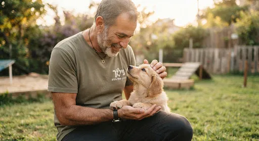 ניר הרמן מאלף כלבים עם גולדן רטריבר בחצר ירוקה