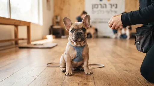 גור בולדוג צרפתי יושב ברוגע על רצפת עץ